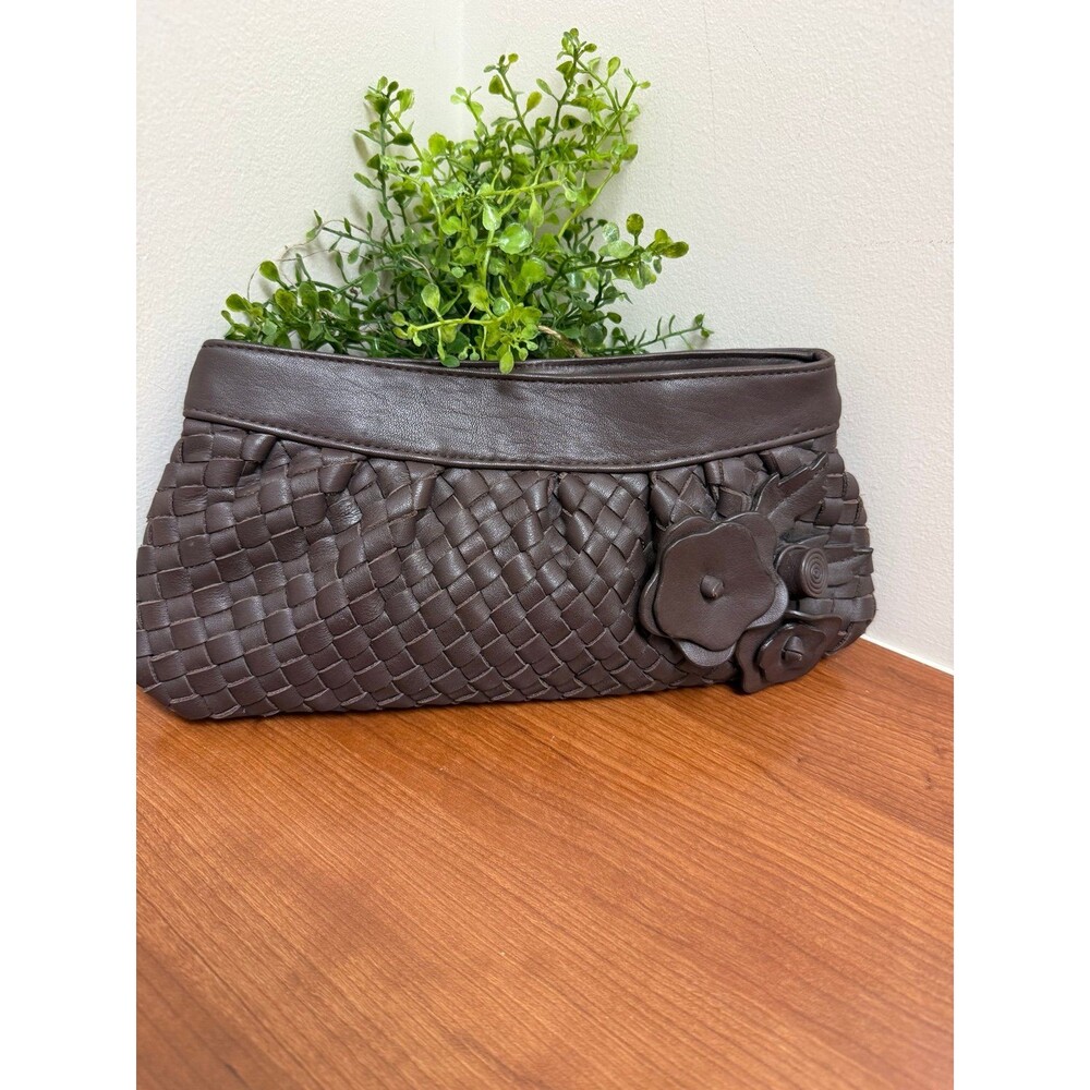 Lord & Taylor Flower Embellished Vintage Brown Clutch Made In Italy